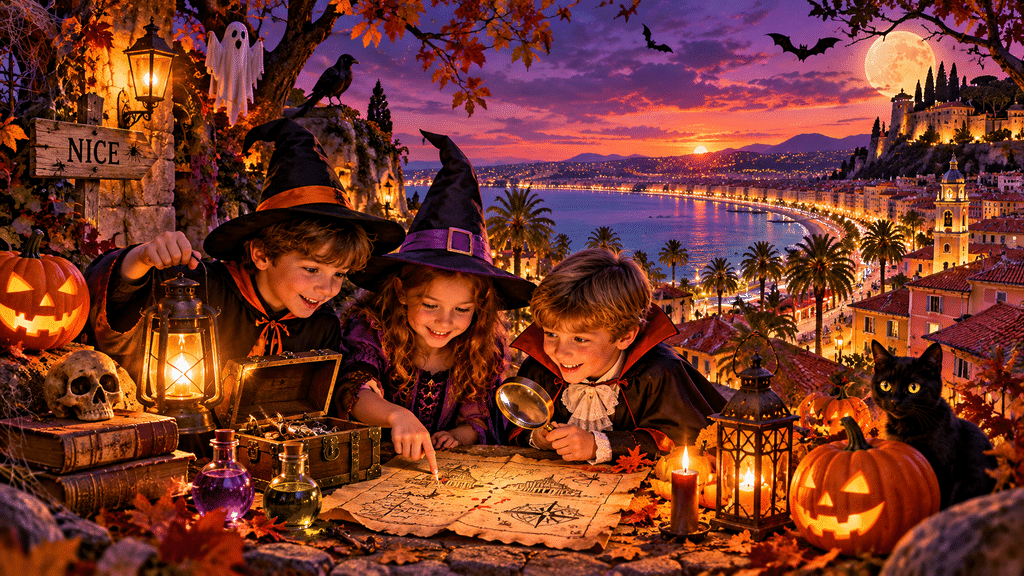 Trois enfants costumés pour Halloween résolvent une chasse au trésor avec des énigmes, des citrouilles et la ville de Nice en arrière-plan.