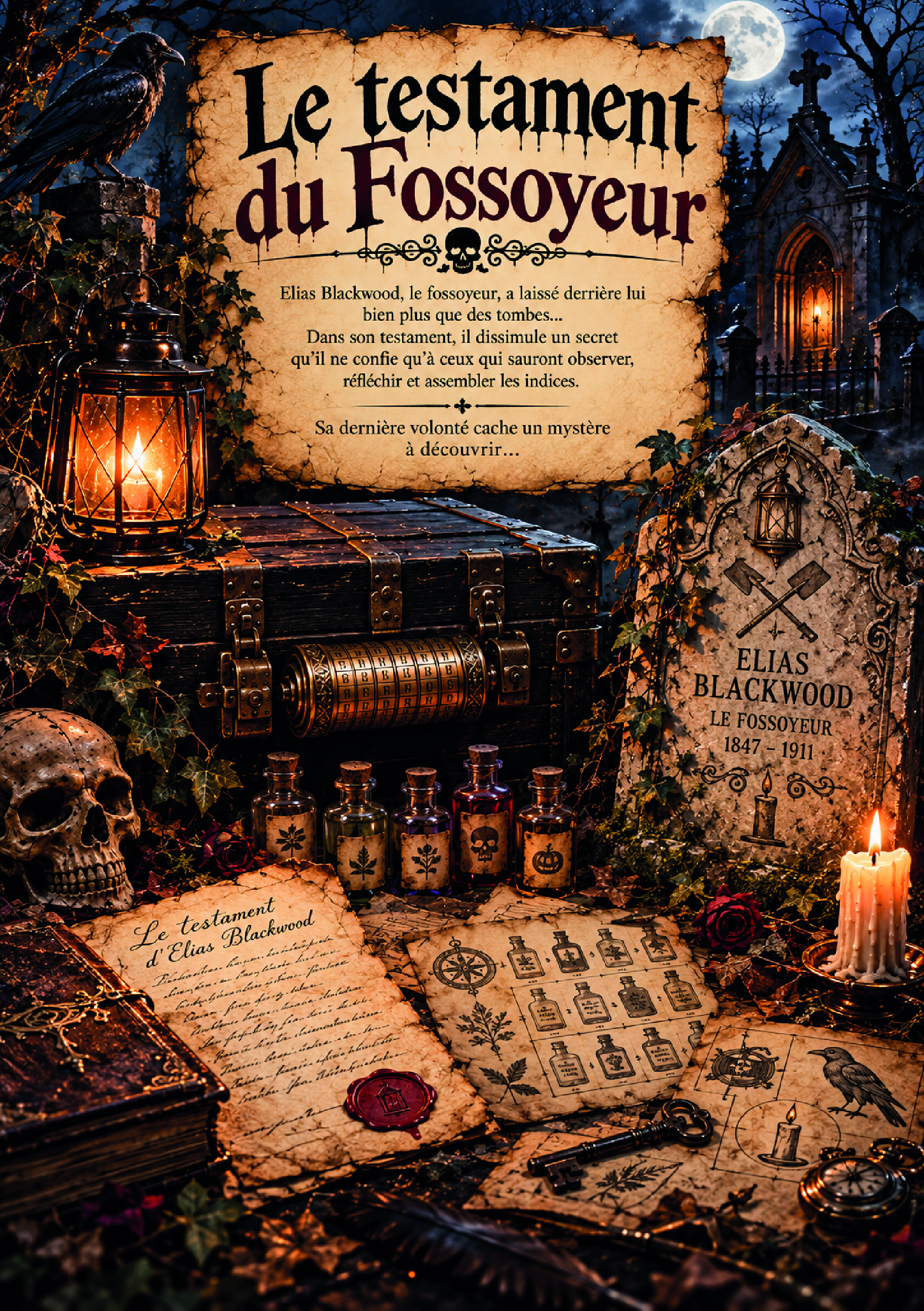 Illustration du jeu d'énigmes à Nice Le testament du fossoyeur, avec une malle mystérieuse, des fioles et des documents anciens.