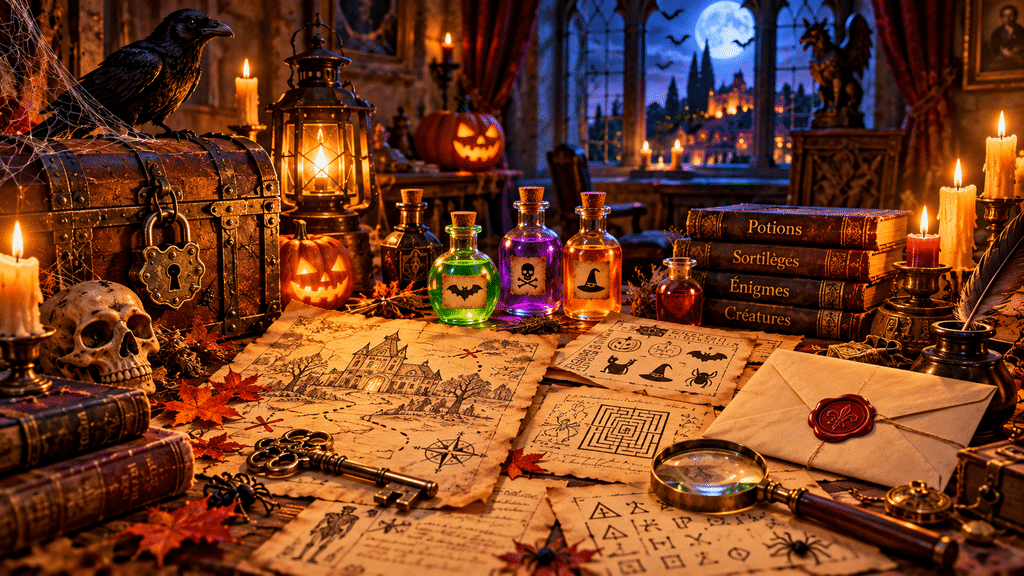 Table d'enquête d'Halloween avec énigmes, parchemins, fioles de potions, clés anciennes et coffre mystérieux pour une activité en famille.